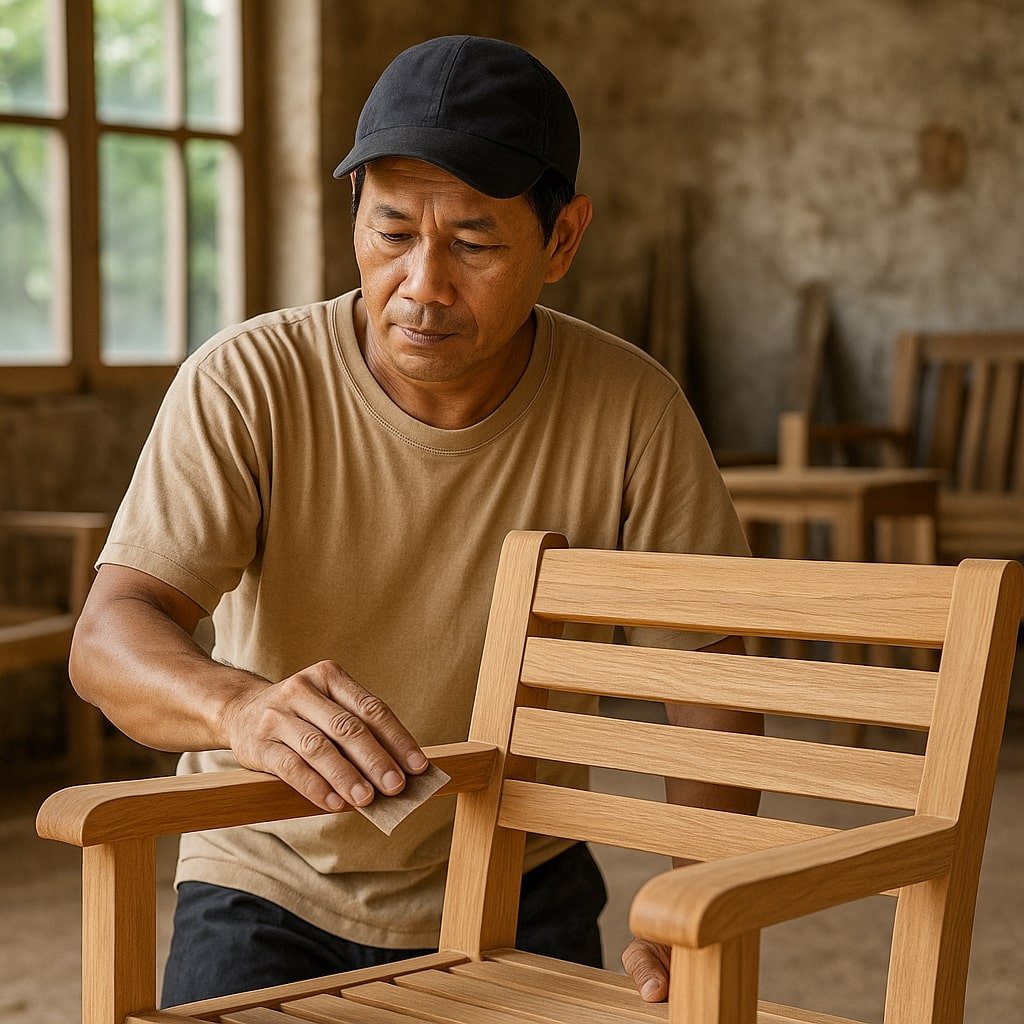 Indonesian teak craftsman finishing resort outdoor furniture for All Seasons.