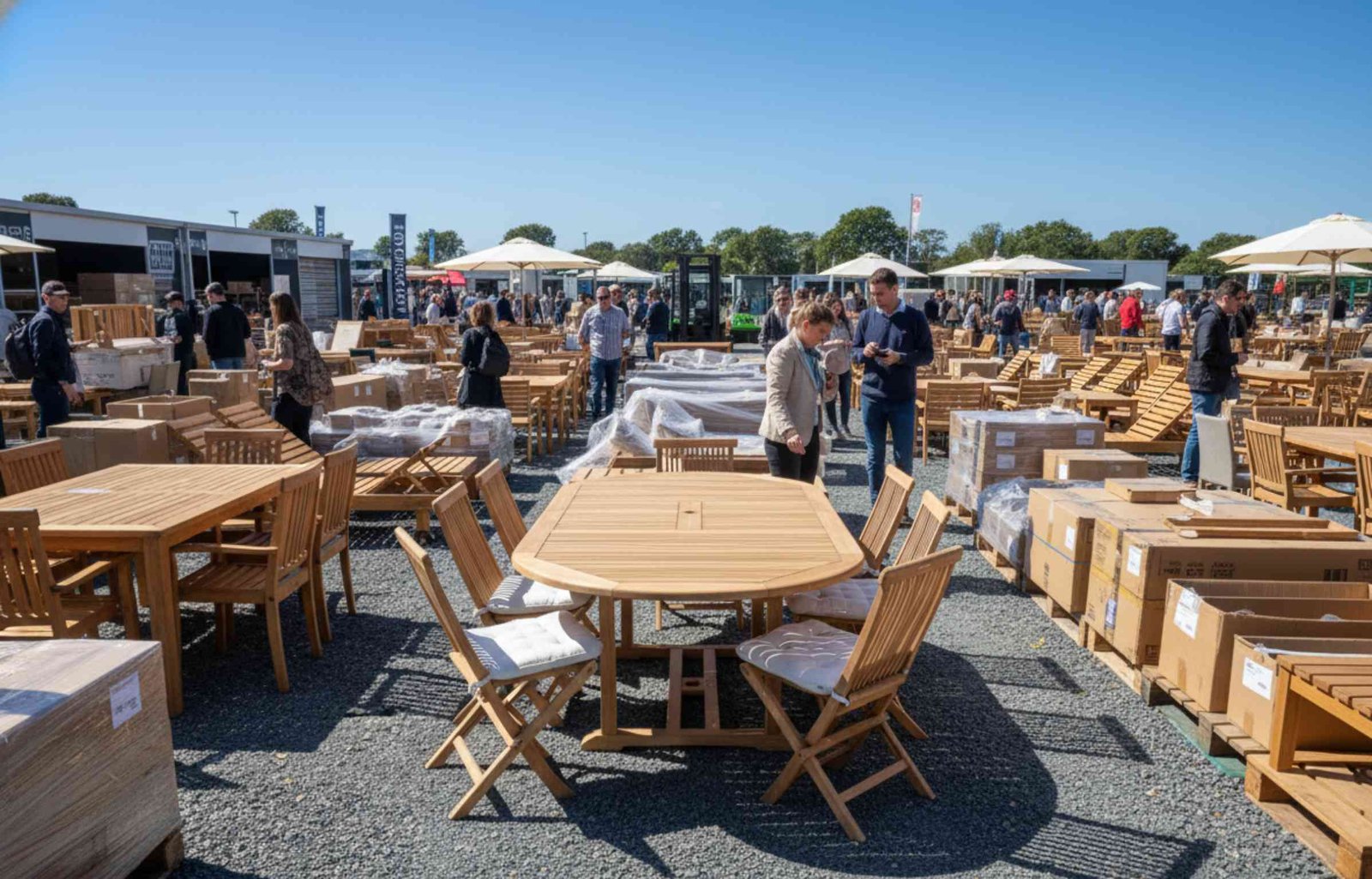 People are exploring high-quality outdoor furniture for home, arranged outdoors with wooden tables, chairs, and boxes under a clear blue sky.